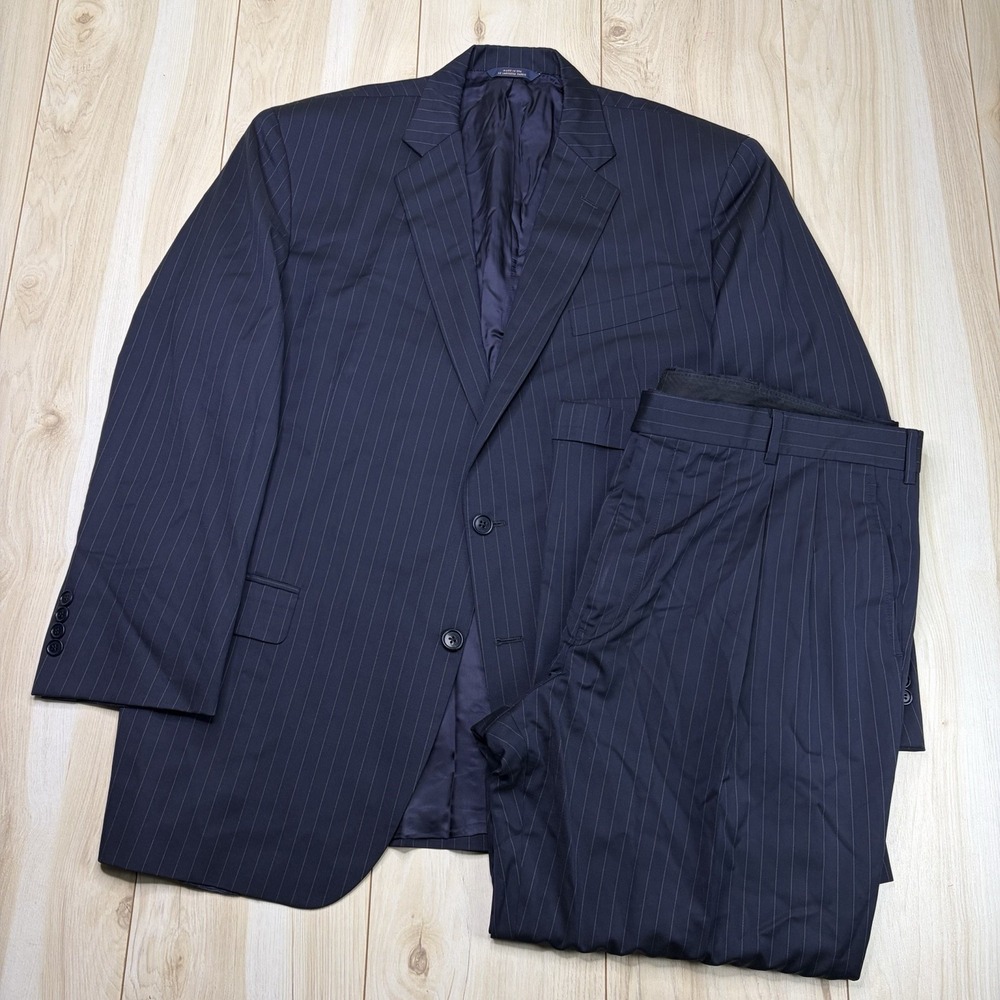 Brooks Brothers Madison ESTRATO Wool Striped Wool Suit Mens 48R 43x28 Navy